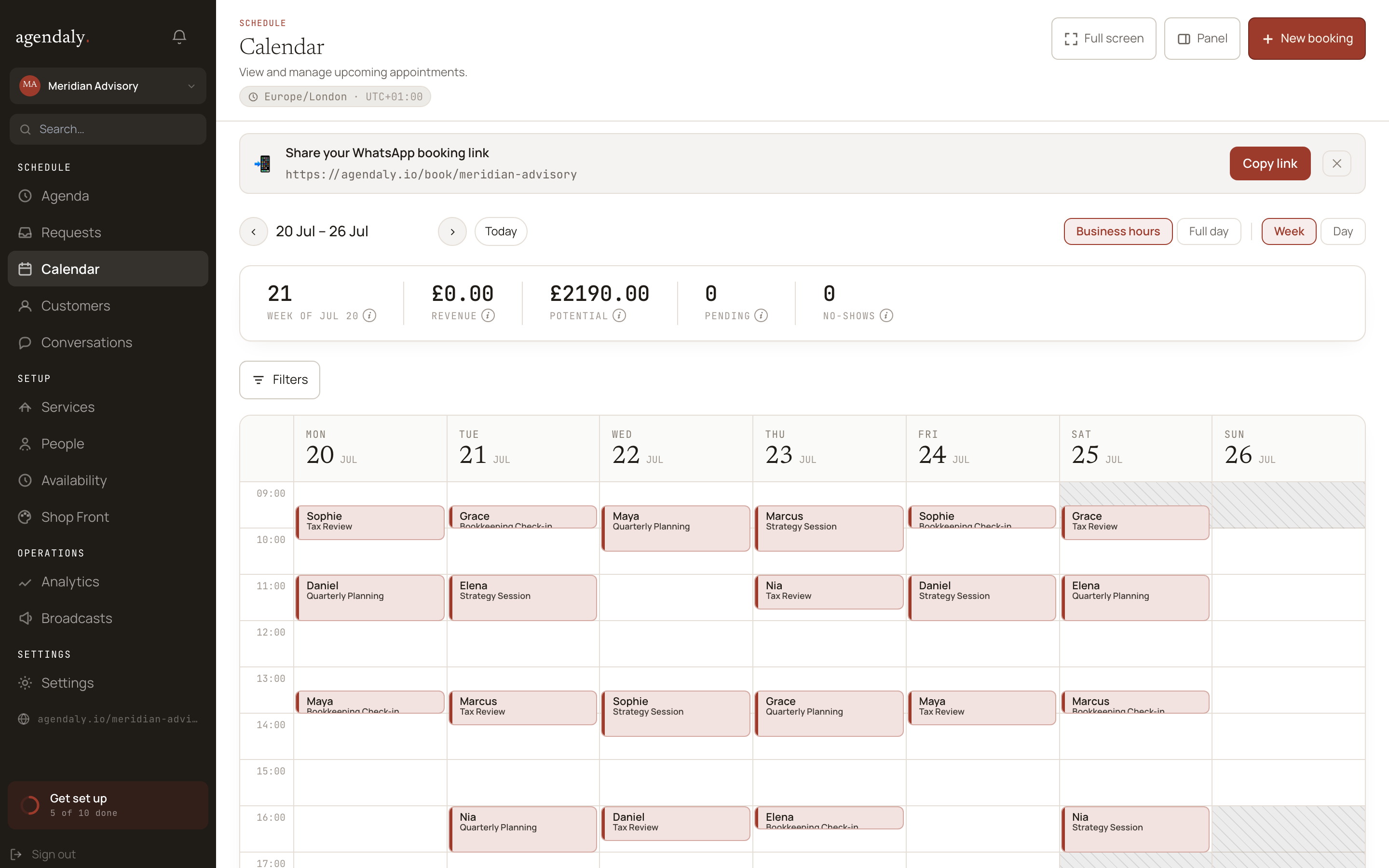 The Agendaly dashboard calendar for a business services business