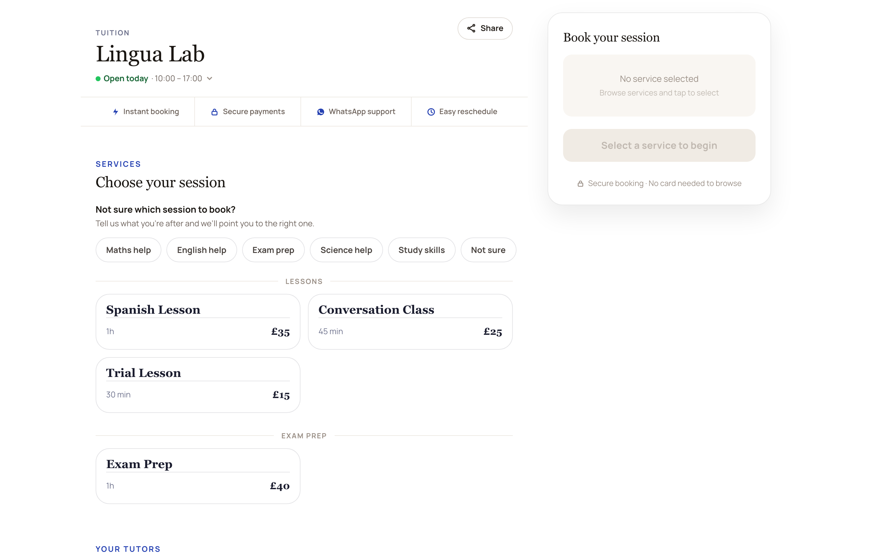 The Agendaly booking page for a education business
